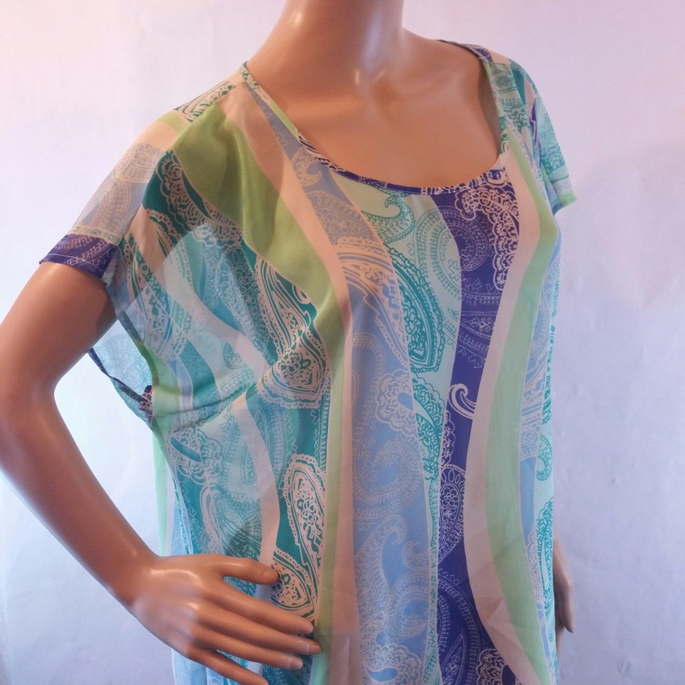 Liz Claiborne sheer blue green feather blouse XL